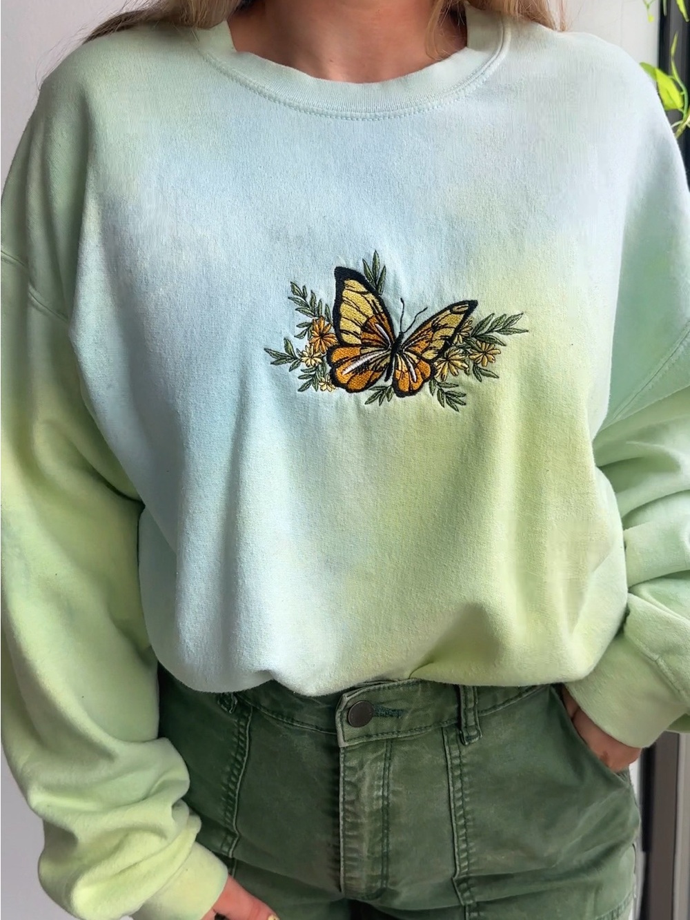 Hand Crafted Ombré Green Blue Crewneck Sweatshirt Yellow Butterfly Embroidered